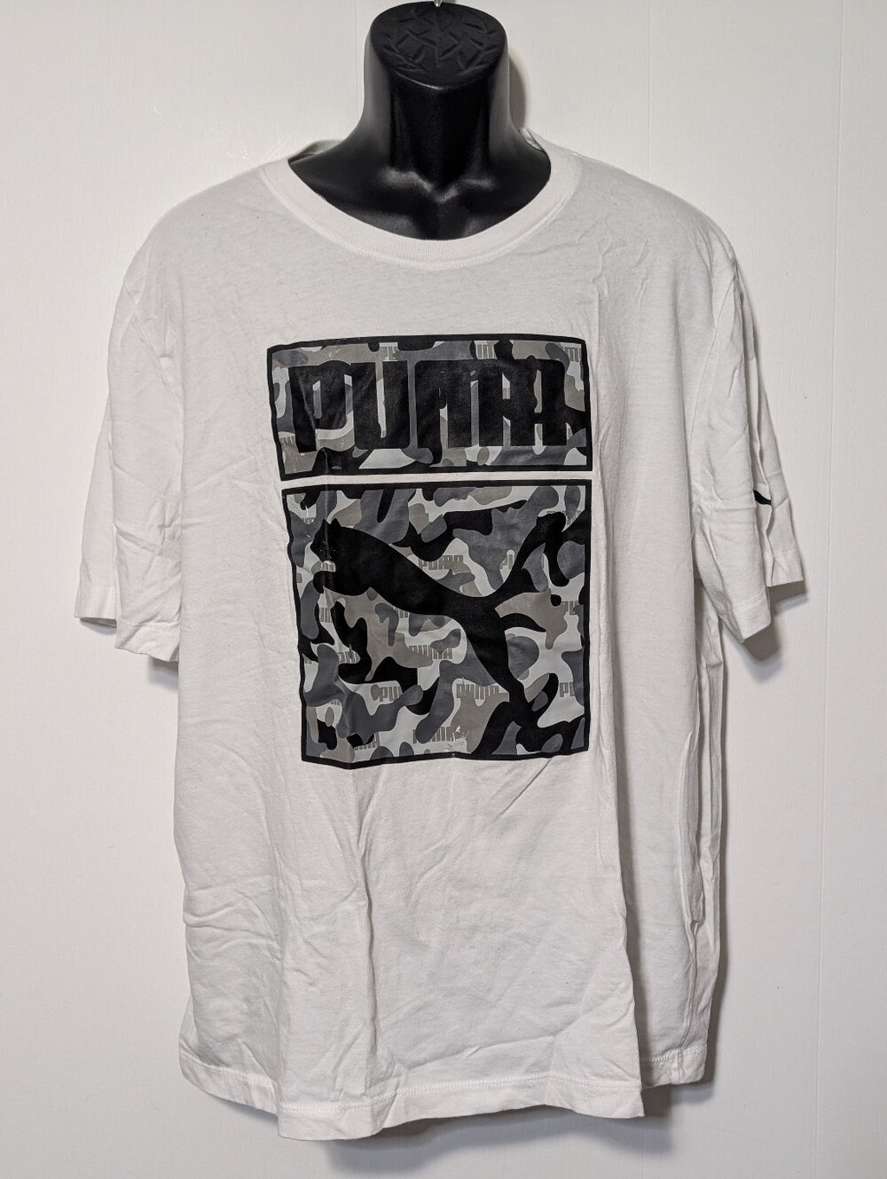 Men's Puma White Short-Sleeve T Shirt with Gray Camo Logo Size XXL